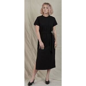 Vince Tie Waist Short Sleeve Cotton Dress Side Slit Black